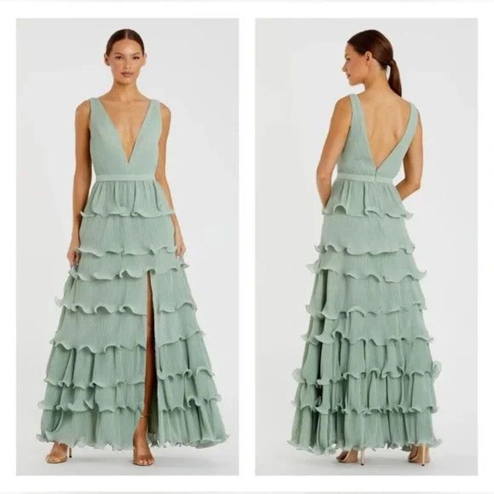 Mac Duggal Light Green Ruffled Maxi Dress